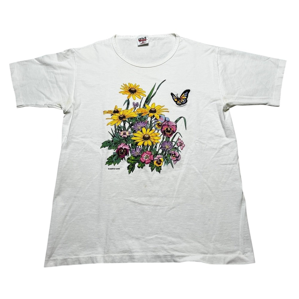 Anvil Floral T-Shirt Womens Medium White Habitat XCVII Vintage 90s Butterfly USA